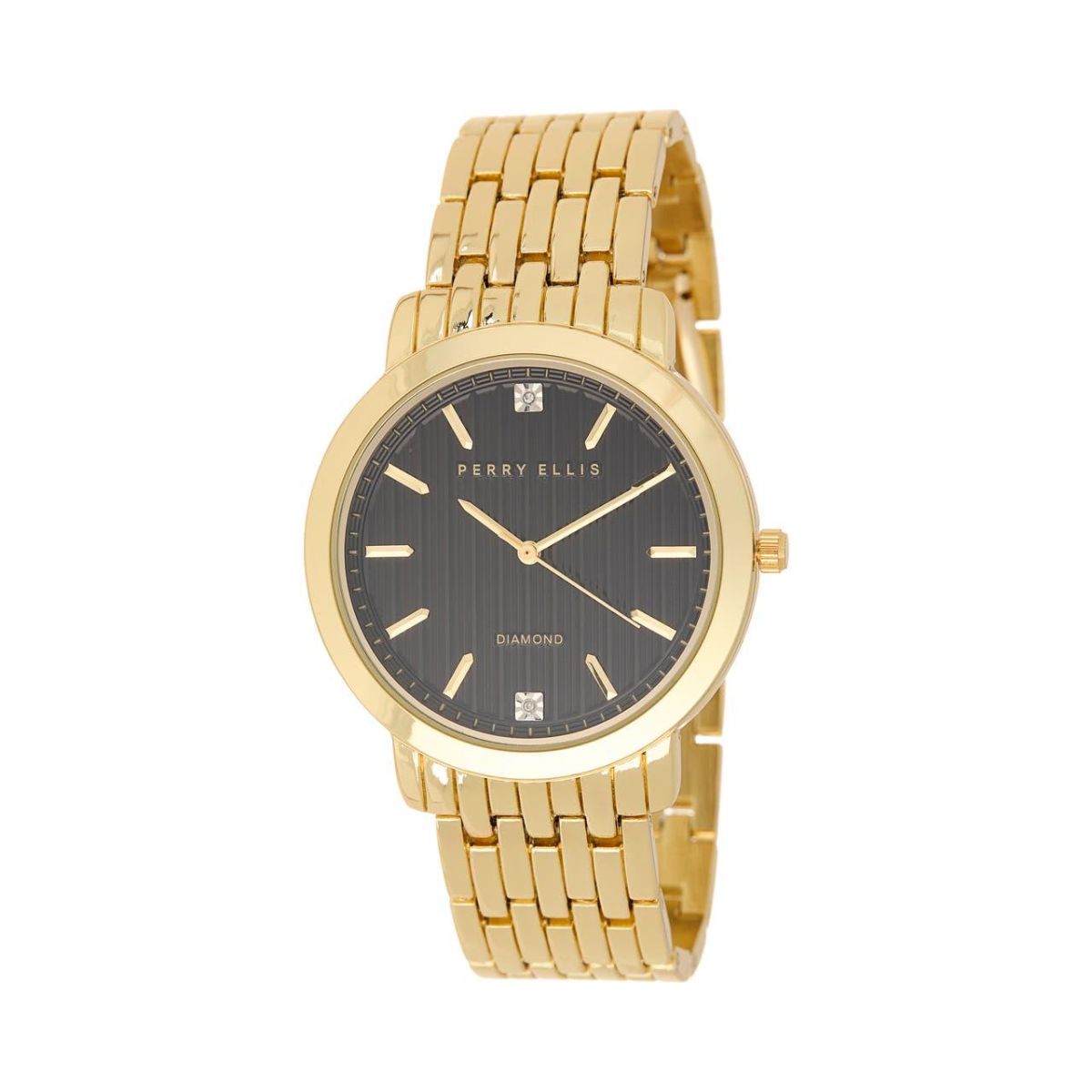 CUR 0198 - Perry Ellis Diaond Accent Gold Bracelet Black Face Watch