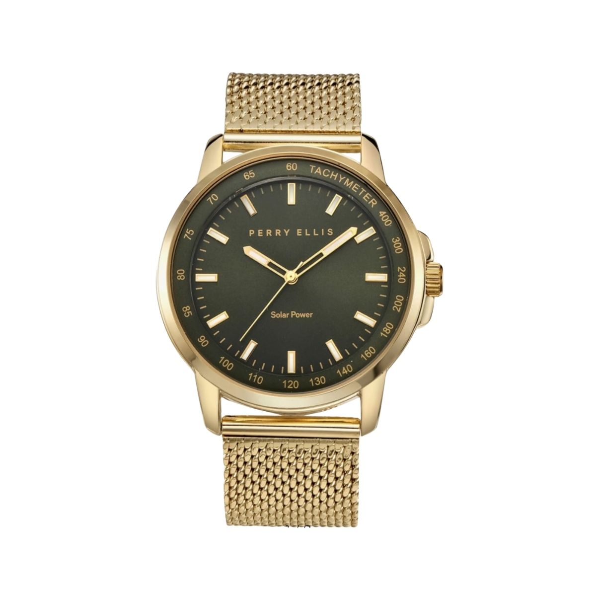 CUR 827 - Perry Ellis Solar Powered Gold Green Face 41mm Watch