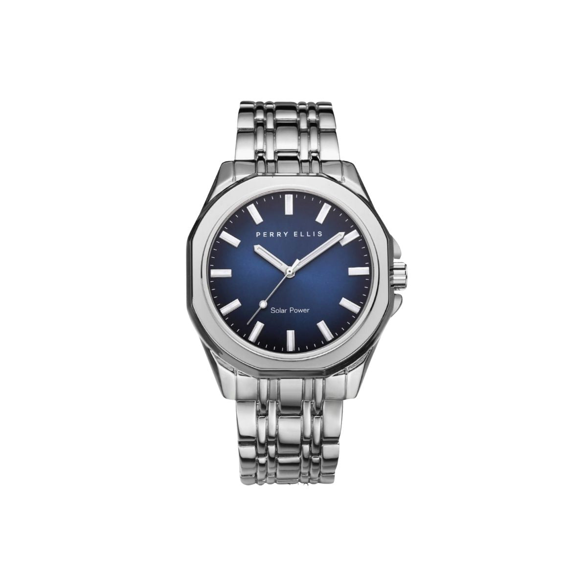 CUR 824 - Perry Ellis Solar Powered Silver Blue Face 41mm Watch