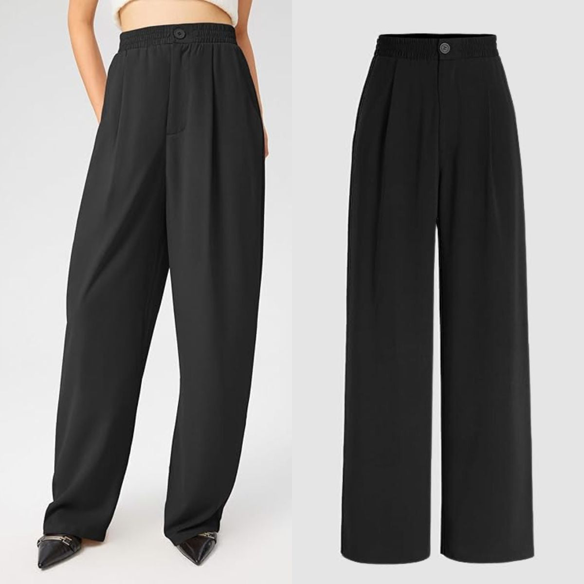 DV 47 - Cider Black Solid High Waist Pleated Wide Leg Trousers