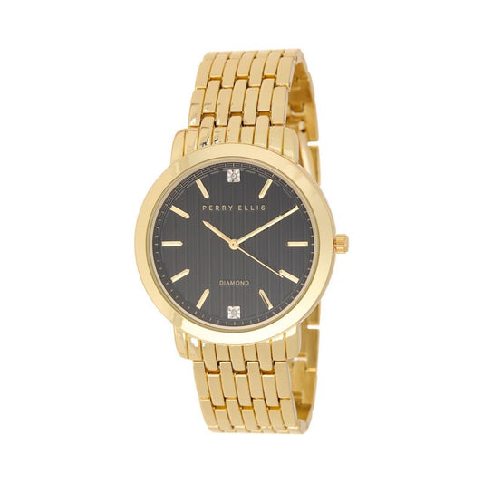 CUR 0198 - Perry Ellis Diaond Accent Gold Bracelet Black Face Watch