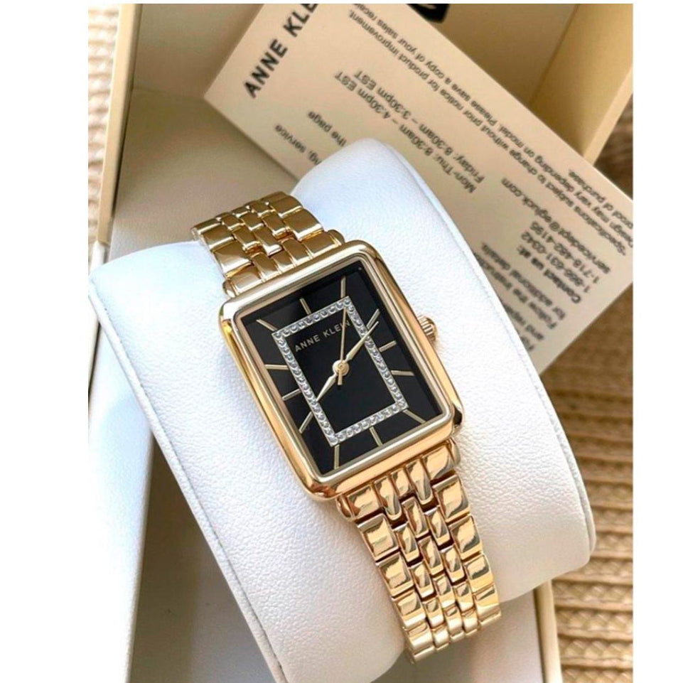 CUR 914 - Anne Klein Gold Black Face Glitter Rectangle Watch
