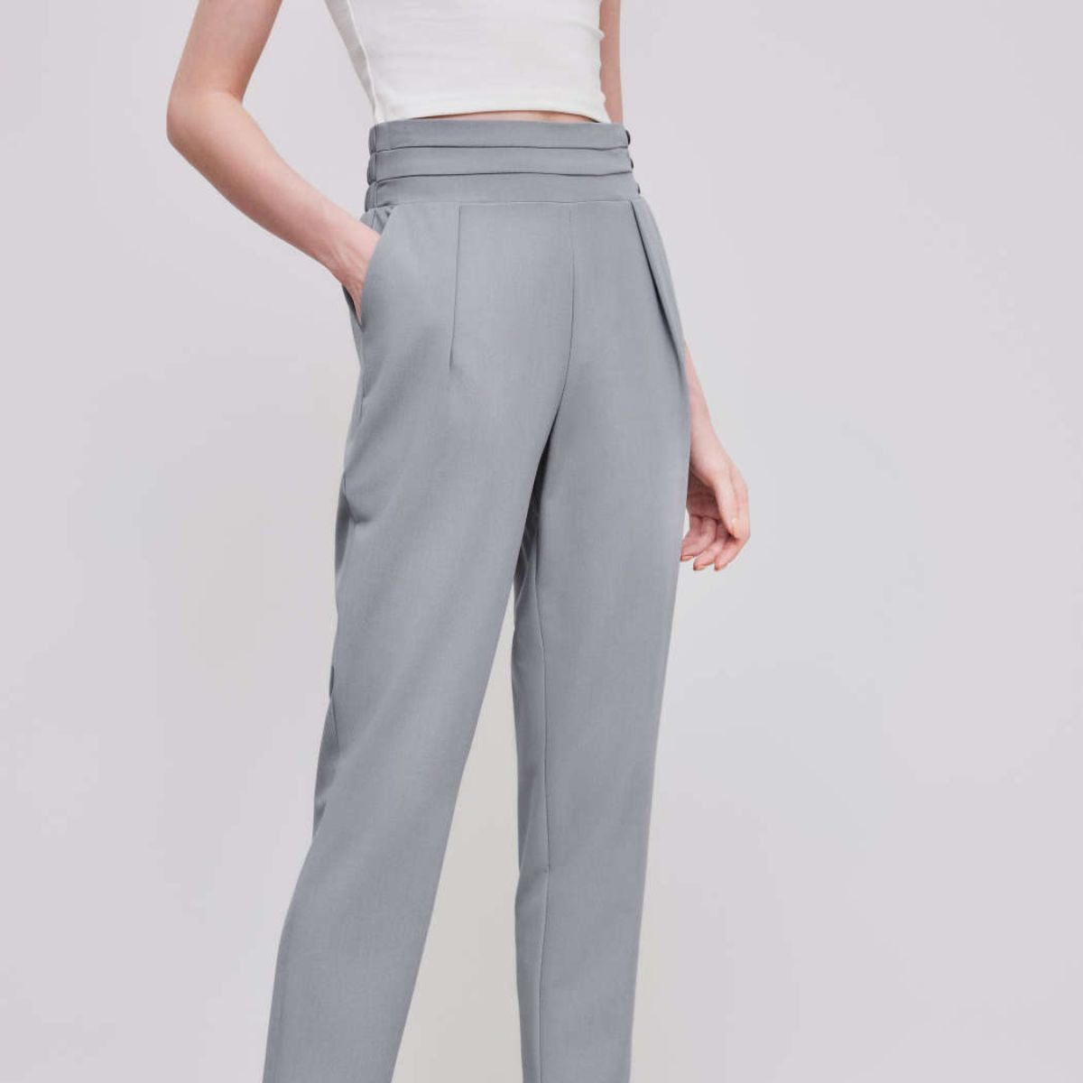 DV 7 - Cider Grey Solid High Waist Tapered Trousers