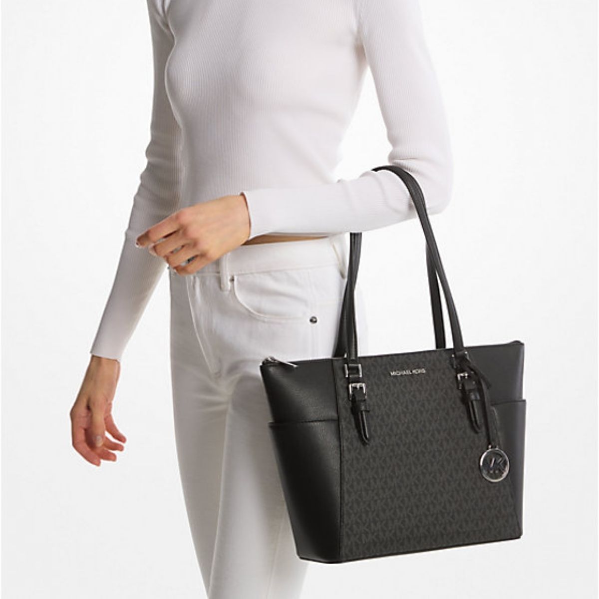 CUR 700 - Michael Kors Black Charlotte Zip Top Tote