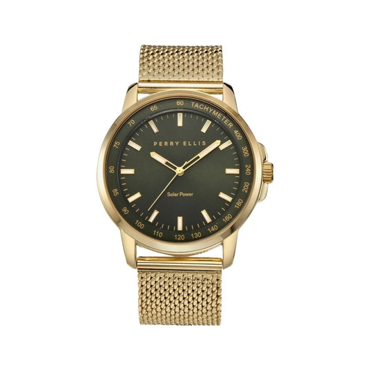 CUR 827 - Perry Ellis Solar Powered Gold Green Face 41mm Watch