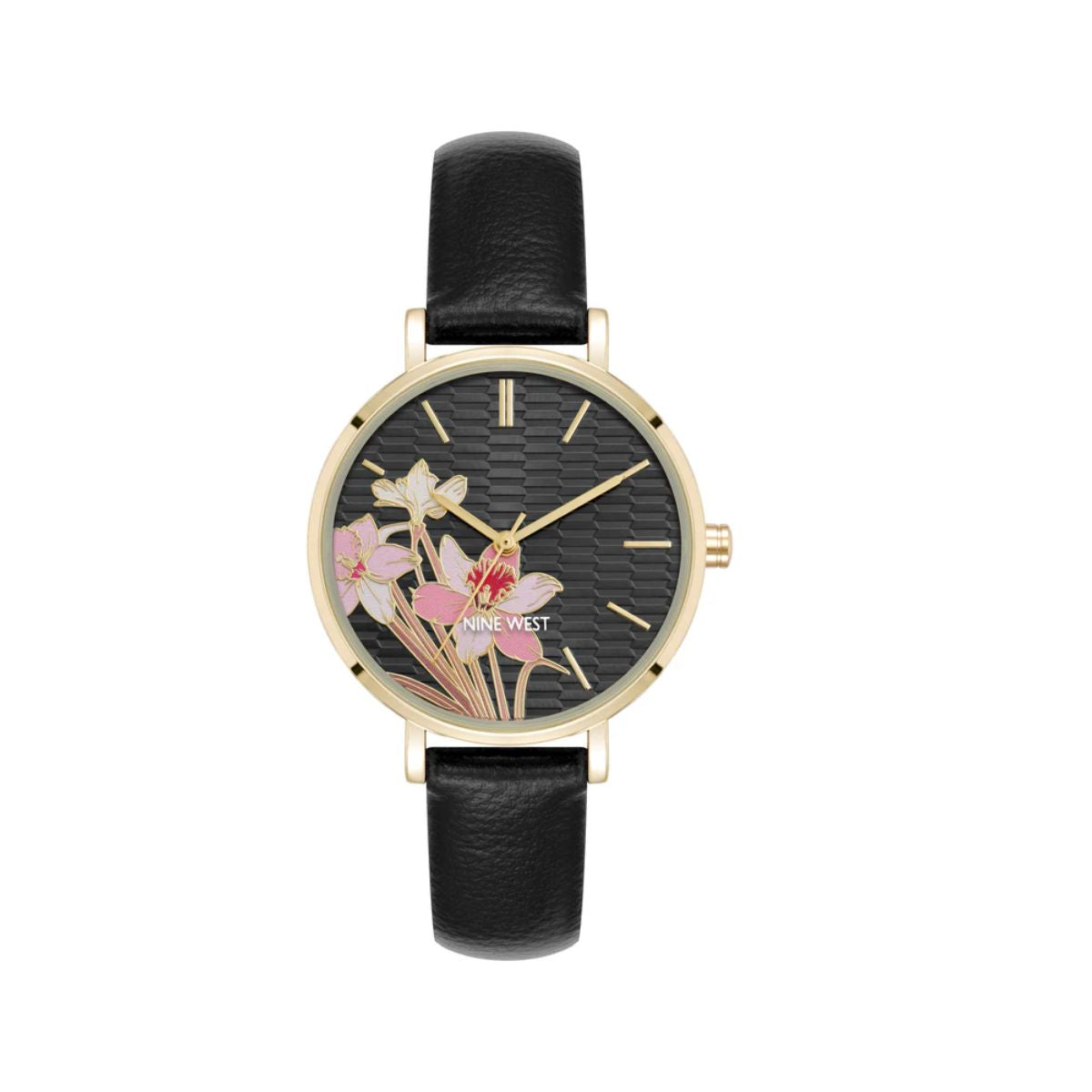 CUR 910 - Nine West Black Leather Floral Face Watch