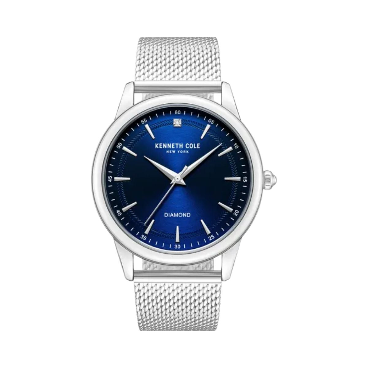 CUR 907 - Kenneth Cole Diamond Silver Mesh Strap Blue Face Watch 43mm