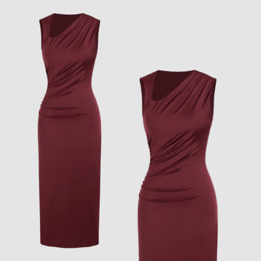 DV 46 - Cider Burgundy Asymmetrical Ruched Maxi Dress