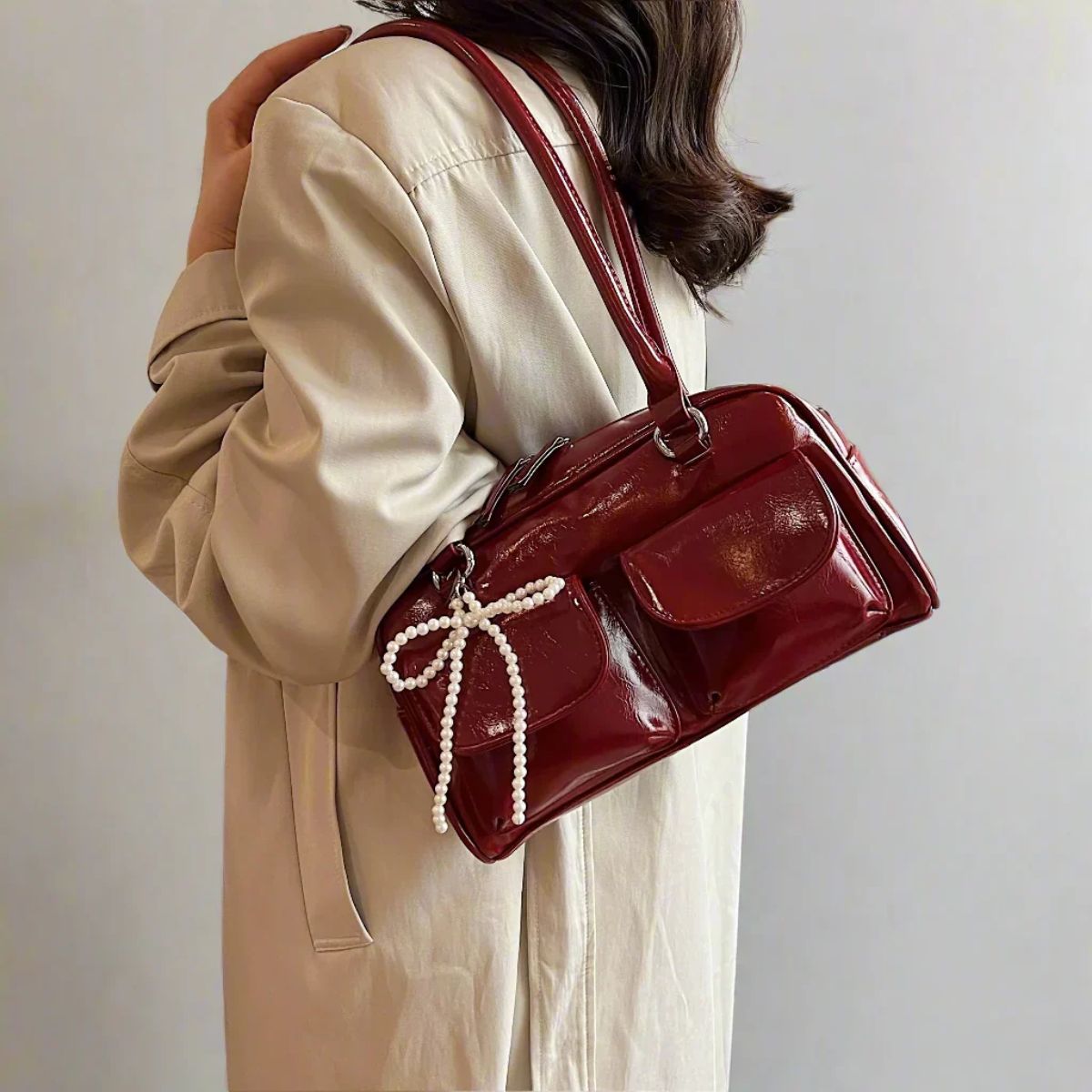 LGG - Faux Leather Shoulder Bag - Wine