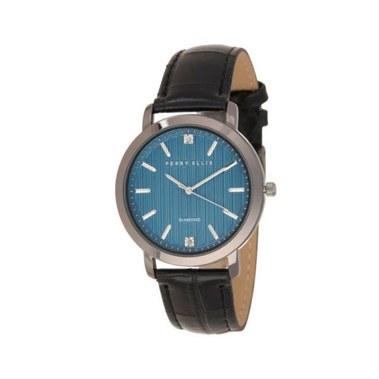CUR 0190 - Perry Ellis Diamond Accent Black Leather Strap Blue Face Watch