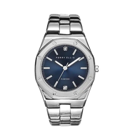 CUR 0189 - Perry Ellis Diamond Accent All Silver Bracelet Octagon Blue Face Watch