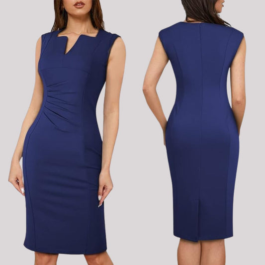 DV 77 - Navy Blue Solid Notched Neck Dress