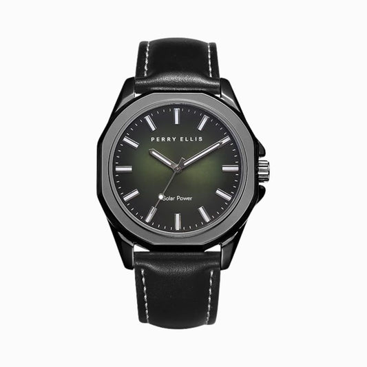 CUR 690 - Perry Ellis Solar Black Leather Green Face Watch