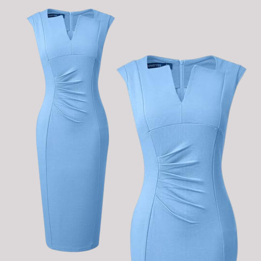 DV 77 - Baby Blue Solid Notched Neck Dress