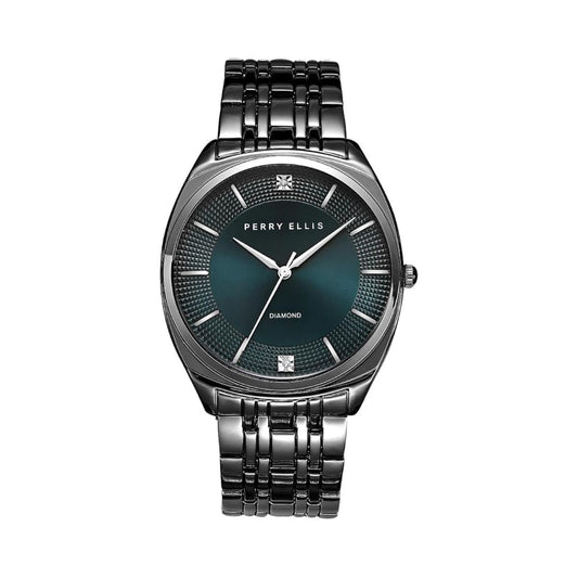 CUR 0197 - Perry Ellis Diamond Accent Gunmetal Bracelet Blue Face Watch
