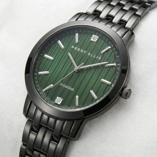 CUR 0195 - Perry Ellis Diamond Accent Gunmetal Bracelet Green Face Watch