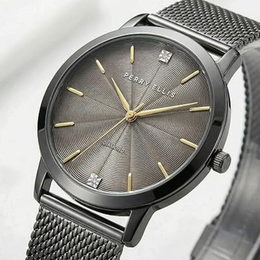 CUR 0192 - Perry Eliis Diamond Accent Gunmetal Mesh Bracelet Watch