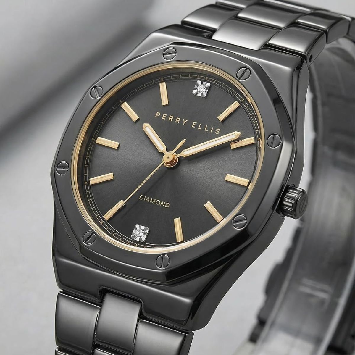 CUR 0191 - Perry Ellis Diamond Accent Gunmetal Bracelet Octagon Watch