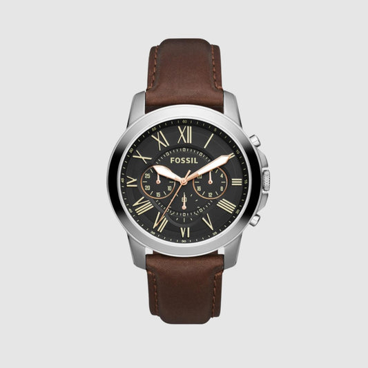 CUR 245 - Fossil Grant Black With Brown Leather Strap Watch